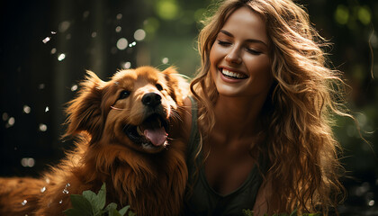 Smiling woman enjoys outdoor fun with cute dog generated by AI