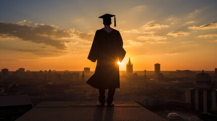 A graduate in a cap and gown is holding up a diploma against a sunset, symbolizing the achievement and celebration of academic success.