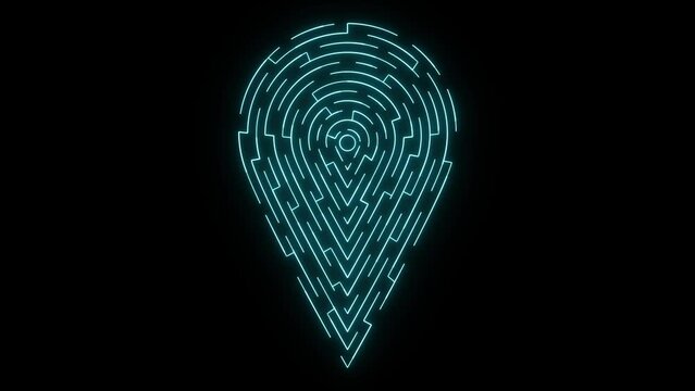 Glowing neon line Map pin icon isolated on black background. Navigation, pointer, location, map, GPS, direction, place, compass, search concept. 4K