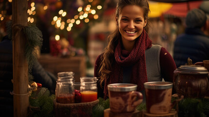 A smiling woman at an outdoor Christmas fair stand at night, surrounded by warm bokeh lighting - obrazy, fototapety, plakaty