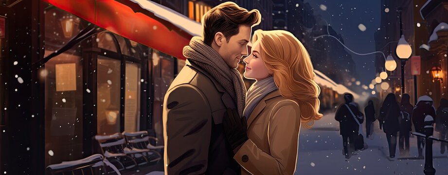 happy couple on winter street romantic illustration