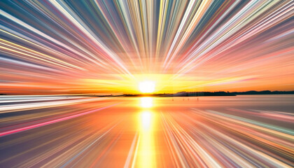 Obraz premium Speeding car blurs into vibrant sunset, futuristic transportation illuminated generated by AI