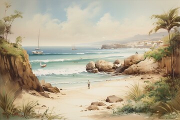 Vintage artwork depicting a serene coastal setting with sandy shores and clear blue waters. Generative AI