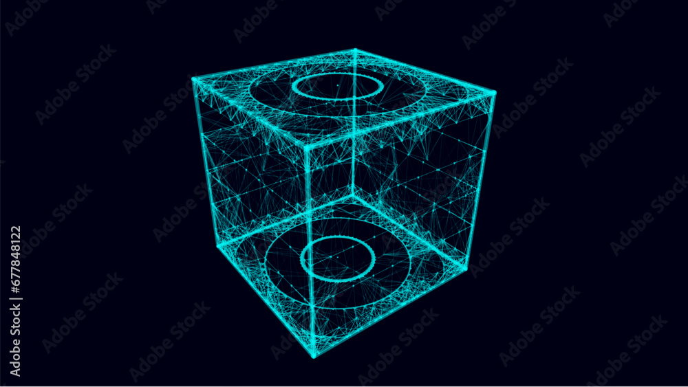 Aufkleber Abstract blue cube with connecting dots and lines. Big data visualization. Blockchain technology concept. Wireframe network connection structure with circle. Vector illustration.