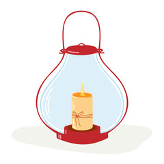 Obraz premium Clipart with Christmas lantern and candle on isolated red background. Holiday design for Christmas home decor, holiday greetings, Christmas and New Year celebration. 