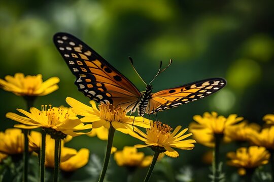 Illustrate the delicate balance between a fragile butterfly and the radiant yellow flowers in an photograph, crafting a creatively composed and visually stunning summer garden image,.