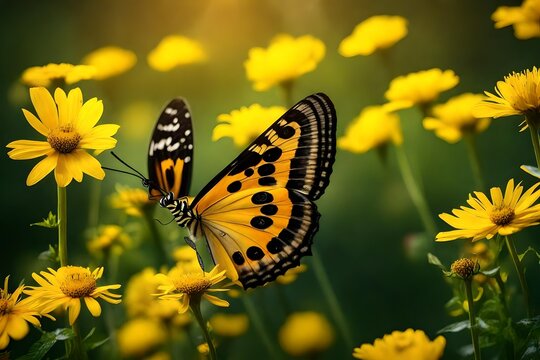 Capture the tender presence of a fragile butterfly surrounded by vibrant yellow flowers in an image, presenting a creatively composed and visually enchanting summer garden setting,.