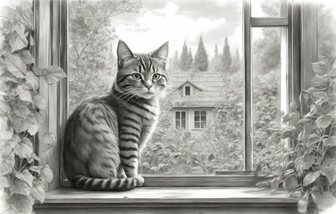 Siberian cat sitting on the windowsill. Black and white painting, siberian cat, window sill, painting, black and white, art, feline, domestic cat, sitting, pet, artistic, home, interior, domestic