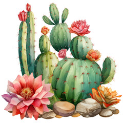 Watercolor group of cactuses with flowers.