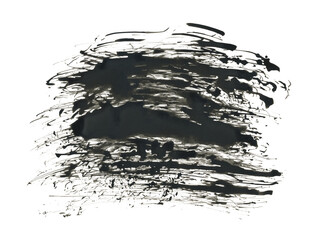Art scrawl line brushstroke painting smear ink drops blot. Abstract black contrast wet stain on...