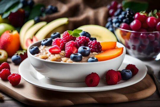 Illustrate a visually appealing and healthy breakfast choice in an photograph, featuring a bowl of oatmeal porridge topped with assorted fresh and colorful berry fruits,.
