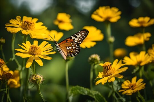 Illustrate the delicate balance between a fragile butterfly and the radiant yellow flowers in an photograph, crafting a creatively composed and visually stunning summer garden image,.