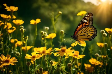 A detailed image highlighting the fragile nature of a butterfly amidst a landscape filled with sunny yellow flowers, depicting a creatively composed and serene summer garden scene,.