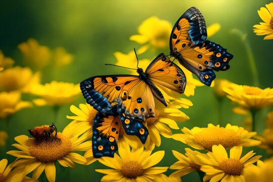 Capture the tender presence of a fragile butterfly surrounded by vibrant yellow flowers in an image, presenting a creatively composed and visually enchanting summer garden setting,.