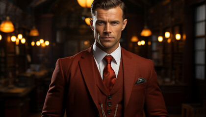 Fototapeta premium Confident young businessman in a stylish suit, looking professional and successful generated by AI