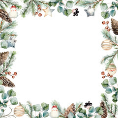 Watercolor vector frame in square shape with spruce, fir, cedar branches, eucalyptus, pine cones, winter berries, christmas toys. Hand drawn.Template space for text, message, sign for greeting cards.