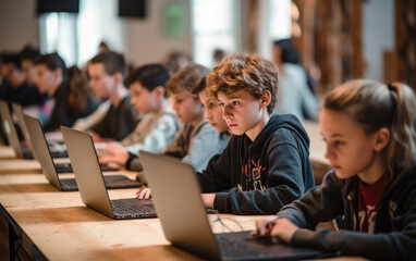 Teen students learning on laptop computers in ful modern classroom with wooden desks