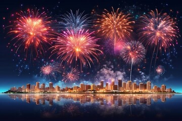 Fototapeta na wymiar Fireworks over night city sky, holiday background