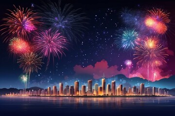 Fototapeta na wymiar Fireworks over night city sky, holiday background