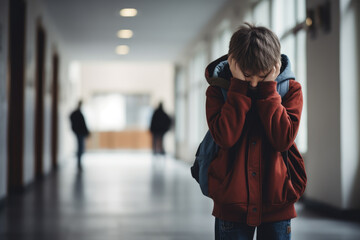 Upset boy covered his face with hands standing alone in school corridor. Learning difficulties, emotions, bullying in school - obrazy, fototapety, plakaty