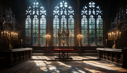 Gothic chapel, stained glass, altar, praying, spirituality, ancient architecture generated by AI - obrazy, fototapety, plakaty