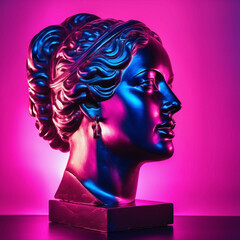 generative ai, Bust of an antique statue on a pink background. Neon light. The girl in profile. Contemporary conceptual art. Pink color. The concept of creativity, art and advertising