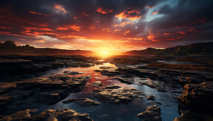 Majestic sunset over tranquil water, nature beauty generated by AI