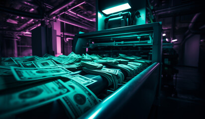 Factory of Printing Money. Dollars Of USA Bills On A Print Press Machine In Typography In Neon Green Light. Finance, Stock Market ,Tax Or Investment. Hyperinflation Or Crysis. Ai Generated - obrazy, fototapety, plakaty