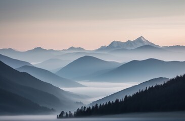 generative ai, Beautiful mountain gradient landscape in the morning light. Misty panorama of mountains and coniferous forest. Template for banner, website, design