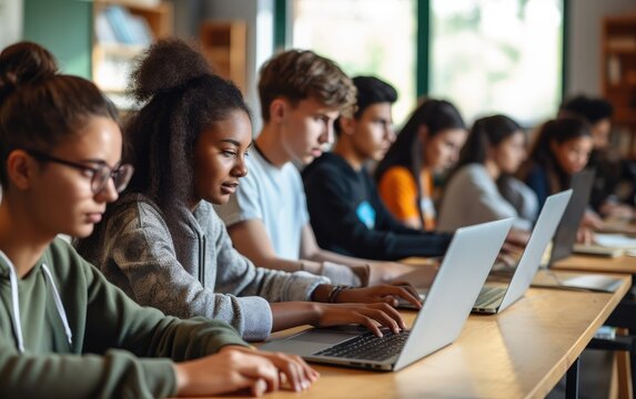 Teen students learning on laptop computers in ful modern classroom with wooden desks