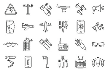 Air Raid icons set outline vector. Bomb war. Aggression attack hit - obrazy, fototapety, plakaty