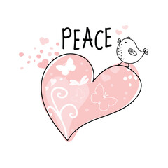 International Day of Peace. Bird, globe, flowers, heart continuous drawing. Concept of love, peace and kindness. Text. Vector web banner