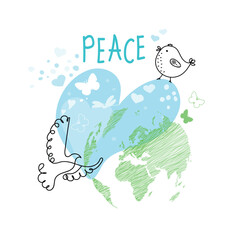 International Day of Peace. Bird, globe, flowers, heart continuous drawing. Concept of love, peace and kindness. Text. Vector web banner