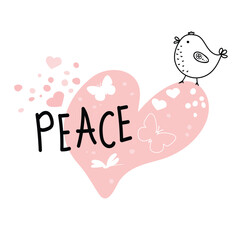 International Day of Peace. Bird, globe, flowers, heart continuous drawing. Concept of love, peace and kindness. Text. Vector web banner