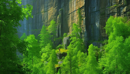 Green forest landscape with mountain cliff and water ravine beauty generated by AI