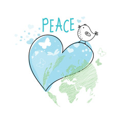 International Day of Peace. Bird, globe, flowers, heart continuous drawing. Concept of love, peace and kindness. Text. Vector web banner