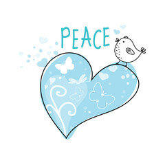 International Day of Peace. Bird, globe, flowers, heart continuous drawing. Concept of love, peace and kindness. Text. Vector web banner