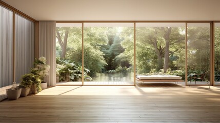 Naklejka premium Wnętrze pokoju z dużym oknem tarasowym z widokiem na ogród