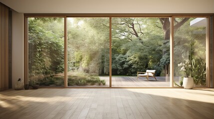 Fototapeta premium Wnętrze pokoju z dużym oknem tarasowym z widokiem na ogród