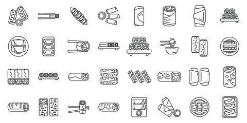 Spring roll icons set outline vector. Food asia sauce. Thai rolls cafe