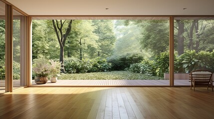 Fototapeta premium Wnętrze pokoju z dużym oknem tarasowym z widokiem na ogród