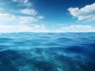 Blue ocean water and blue sky with clouds, background 