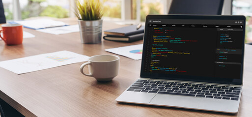 Software development programming on computer screen for modish application and program coding