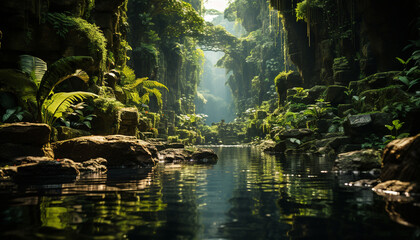 Tranquil scene of a tropical rainforest pond generated by AI