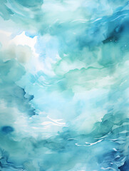 Fototapeta na wymiar Watercolor illustration of blue ocean with waves, abstract background