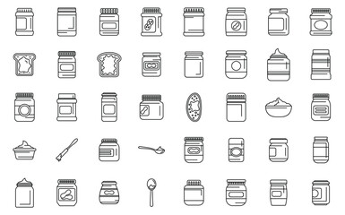 Peanut butter icons set outline vector. Nut jar plant. Jelly snack bread - obrazy, fototapety, plakaty
