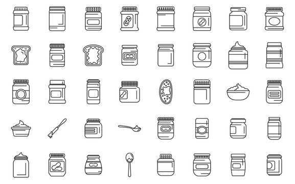Peanut butter icons set outline vector. Nut jar plant. Jelly snack bread