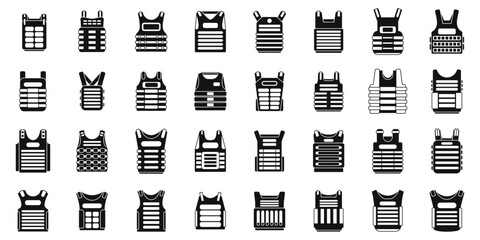 Bulletproof vest icons set simple vector. Armor body. Vest military protection - obrazy, fototapety, plakaty