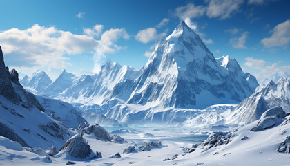 Fototapeta na wymiar Snow capped mountains create a majestic winter landscape generated by AI