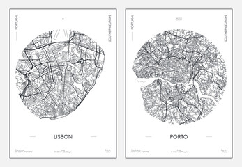 Travel poster, urban street plan city map Lisbon and Porto, vector illustration - obrazy, fototapety, plakaty